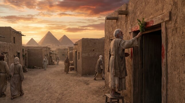 Elderly man painting doorpost with blood during passover in ancient Egypt. Biblical scene featuring pyramids in background. Traditional religious practice for protection and historical faith.