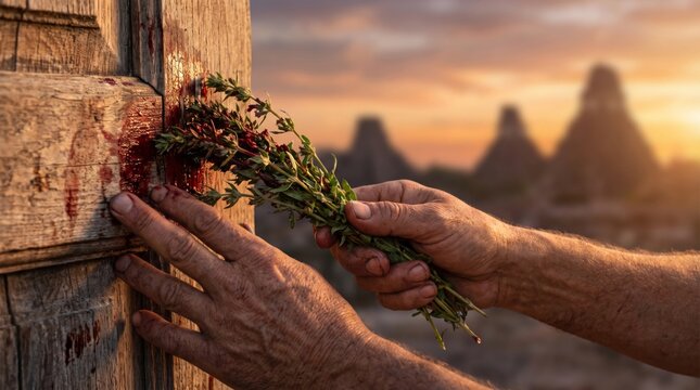 Man holding hyssop branch against wooden door frame with blood marks. Biblical scene representing Passover sacrifice and ritual. Religious concept of faith, salvation and sacrifice.