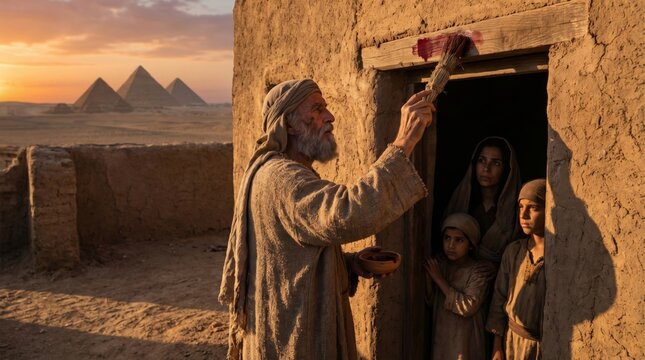 Elderly man painting red mark on door frame at Passover in Egypt. Biblical scene with family watching near pyramid. Religious history, faith and tradition, ancient culture illustration.