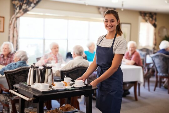 Young waitress serving coffee and snacks in a senior living community