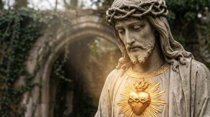 Fototapeta premium Stone statue of Jesus Christ with crown of thorns and golden sacred heart. Religious sculpture in a cemetery. Symbol of Christianity, faith, prayer and catholic spirituality.