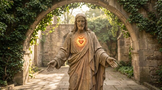 Stone statue of Jesus Christ with sacred heart glowing in garden. Religious monument in Catholic church courtyard. Spiritual symbol of mercy, love, faith and Christianity for prayer.
