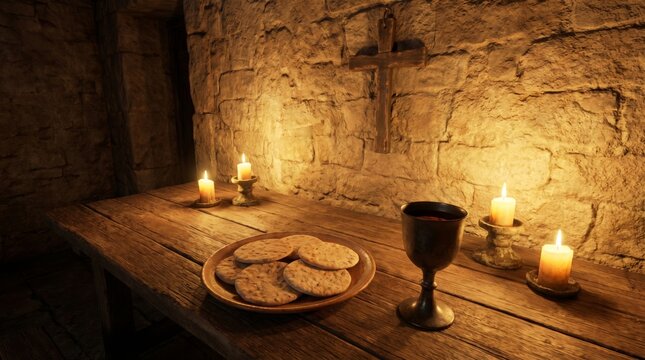 Wooden communion table with unleavened bread and wine chalice in dimly lit stone room. Christian eucharist ritual ceremony. Symbol of sacrifice and holy supper. Religious concept.