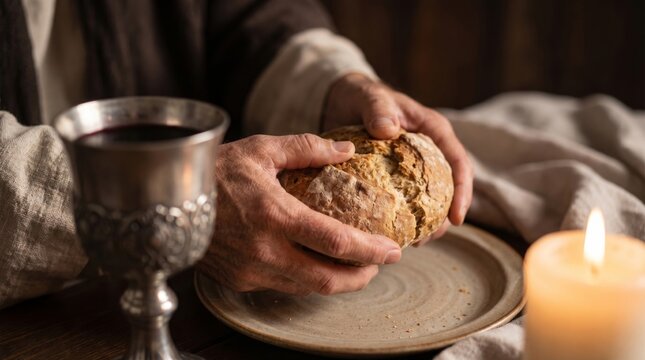 Jesus breaking bread with chalice of wine on table. Symbolic recreation of Last Supper. Christian religious concept for Eucharist or Communion church holiday. Holy feast ritual.