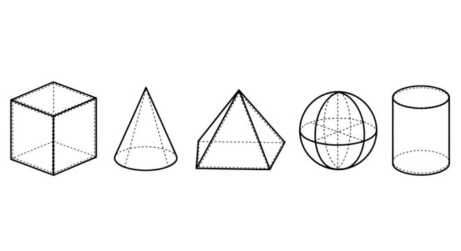 Minimalist outlines of various fundamental geometric solids, providing clear visual examples of three-dimensional shapes for educational and design projects