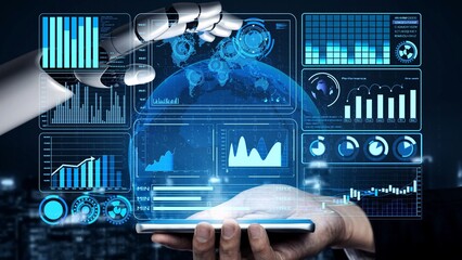 AI artificial intelligence drives data analytics with predictive models, smart dashboards, and virtual assistant insights for data-driven business decisions. © InfiniteFlow