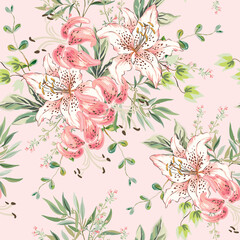 Naklejka premium Pink lily flowers, green leaves, blush background. Floral illustration. Vector seamless pattern. Botanical design. Garden bouquets. Summer plants 