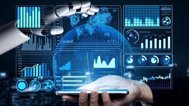 AI artificial intelligence drives data analytics with predictive models, smart dashboards, and virtual assistant insights for data-driven business decisions.