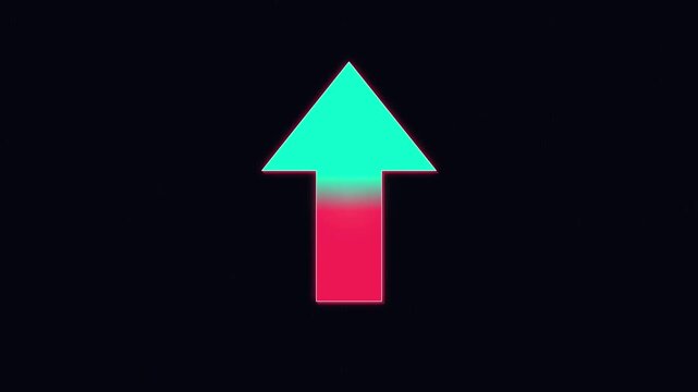 A neon green and pink arrow points upwards on a black background