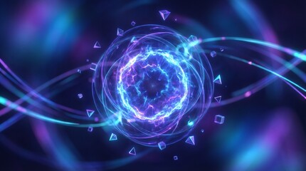 Obraz premium Glowing blue purple neon geometric shapes, futuristic abstract background, technology concept, digital illustration