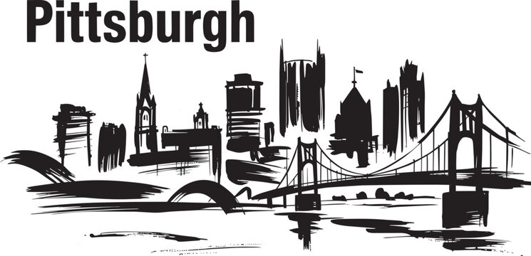 Pittsburgh skyline illustration with bridge and skyscrapers in a sketchy style in outline style