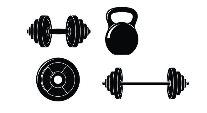 Black silhouettes of dumbbells kettlebell and weight plates on white background silhouette