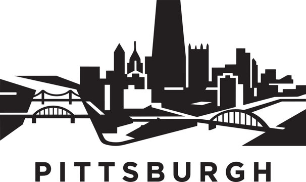 Pittsburgh skyline illustration with bridges and city buildings, USA in outline style