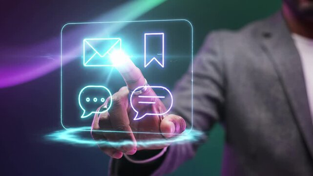 Digital communication interface with email chat and bookmark icons touched by executive finger. Business messaging and social media notification panel for corporate online and engagement