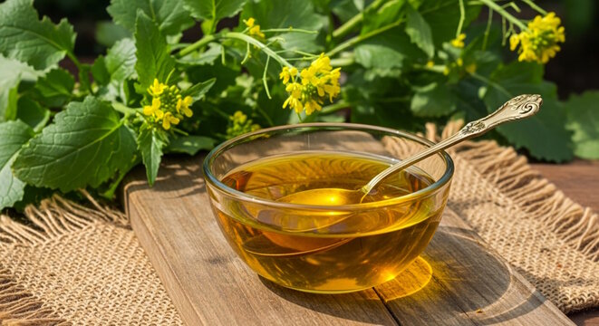 organic Mustard Seeds golden yellow mustard oil in glass bowl with mustard plant