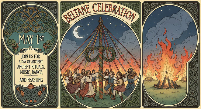 Beltane celebration poster with maypole and bonfire, may 1st celtic festival illustration with traditional music, dance, and ancient rituals in art nouveau style