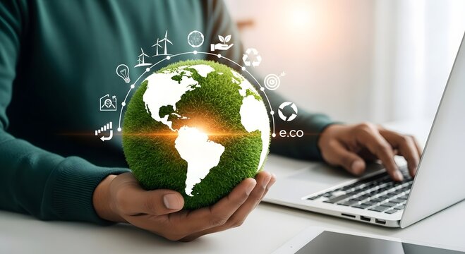 Eco friendly business concept using laptop and earth globe for sustainable development goals