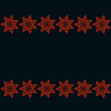 A pattern of red and green circles with stripes at the top and bottom on a black background as a frame for postcards, invitations, packaging, banners, and printed materials