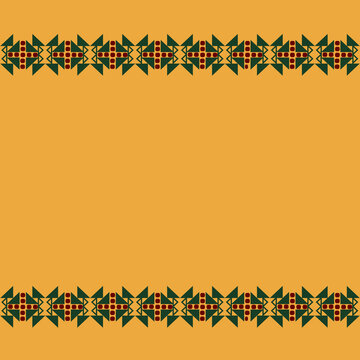 Green and red ornamental stripes along the edges on a yellow background as a frame for postcards, invitations, packaging, banners, and printed materials