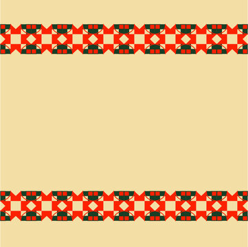 Green and red ornamental stripes along the edges on a beige background as a frame for postcards, invitations, packaging, banners, and printed materials