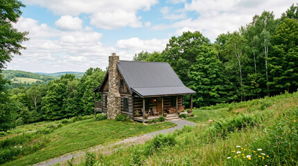Obraz premium A rustic log cabin with a dark A-frame roof and stone chimney, perched on a gently rolling green hillside, surrounded by mature deciduous trees in full summer foliage