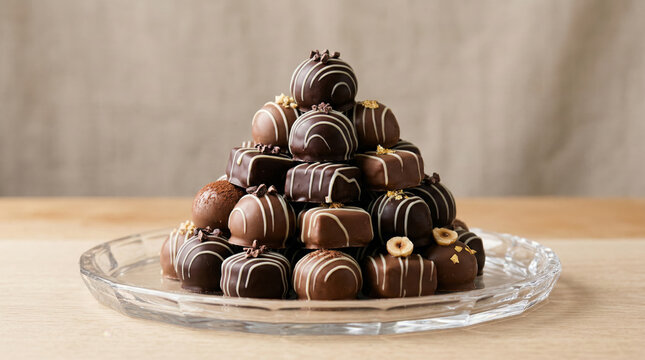 A delicious stack of chocolate covered elegant chocolates drizzled with white chocolate on a minimalist an elegant crystal serving plate against a neutral studio background. No spoon or utensils