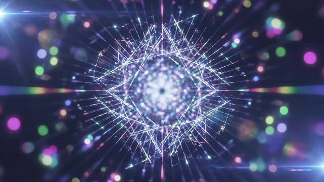 Abstract radial starburst light explosion with geometric pattern and bokeh particles on dark background. Digital graphic with kaleidoscope symmetry and glowing energy for festive decoration and