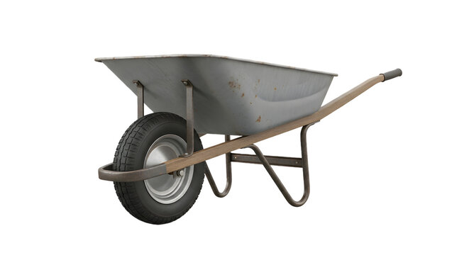 A wheelbarrow with a wooden handle and metal body on a black background