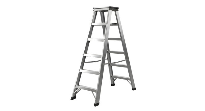 A silver metal ladder stands alone against a black background