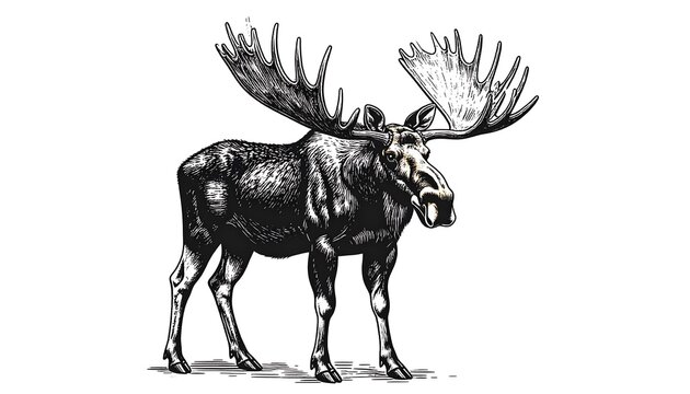 Detailed illustration of a large bull moose with impressive antlers, rendered in grayscale