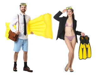 Office workers dreaming about vacation. Man and woman with diving masks, inflatable mattress and swim flippers on white background © New Africa