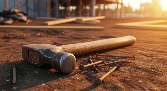 Carpenter hammer and nails on wooden workbench at sunrise