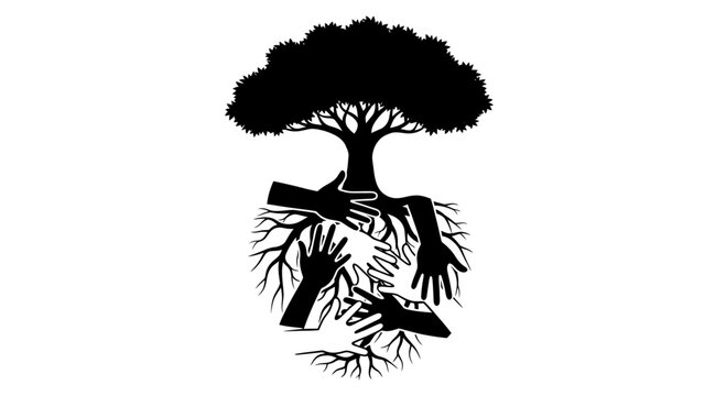 Tree roots and hands reaching out.