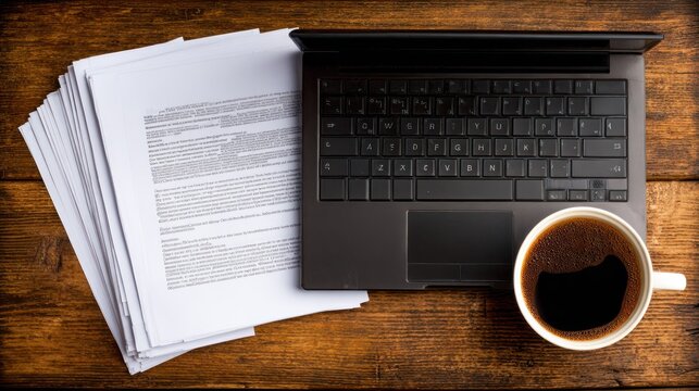 Overhead view captures a stack of documents beside a portable computer and a cup of dark coffee on a wooden surface.