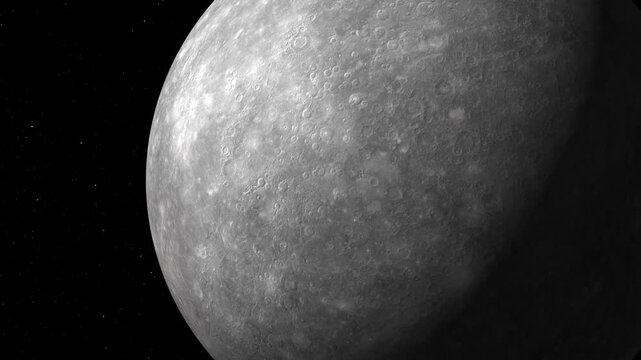 4K close-up flyby of planet Mercury, detailed cratered rocky surface, slow rotation, seamless loop.