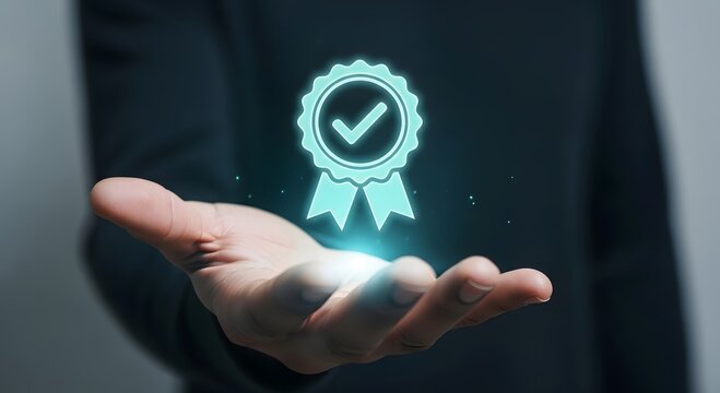 Understanding quality assurance concept with hand holding certification badge symbol icon design