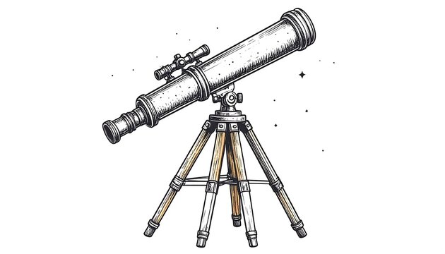 Detailed illustration of a vintage telescope atop a wooden tripod, set against a white background
