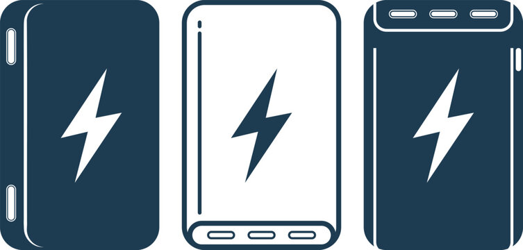 Isometric power bank icon set, portable charger symbols with lightning bolt, smartphone charging devices, battery pack logo templates, modern tech energy icons vector illustration