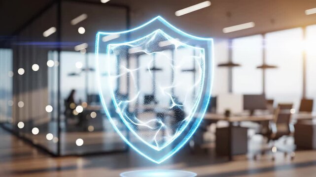Digital security shield in modern corporate office environment. Cybersecurity protection and data privacy defense for enterprise network and business infrastructure safety