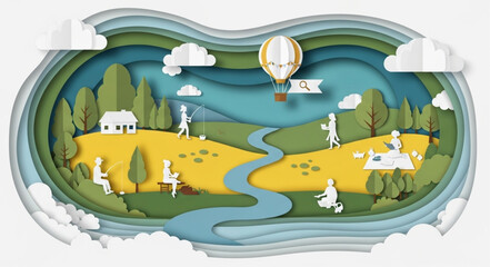 Naklejka premium Paper cutout countryside landscape with river and hotairballoon.