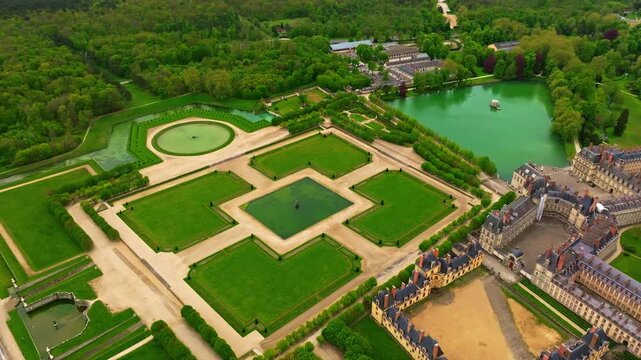 Aerial view of Castle Fontainebleau with symmetrical gardens, Castle Fontainebleau, Paris, France