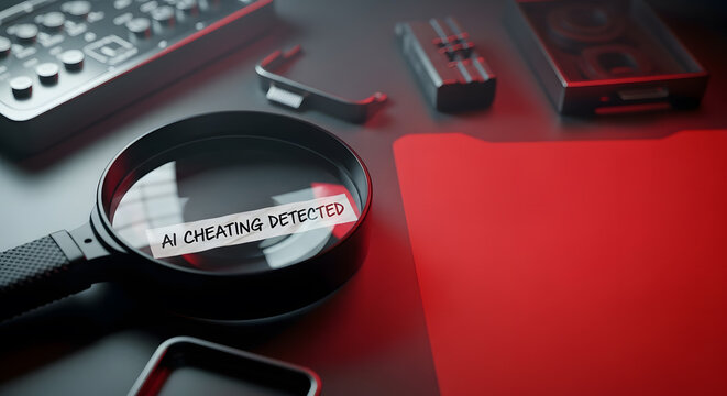 Magnifying glass examining AI cheating detected on devices
