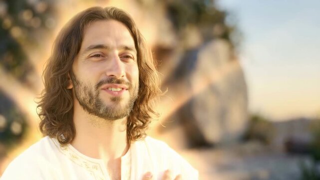 Portrait of Jesus Christ smiling with a radiant glowing light. The resurrection concept featuring a man standing before an empty stone tomb. Biblical scene for Easter and Christian faith