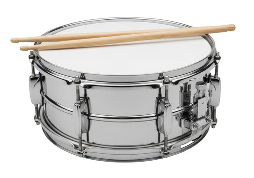Classic snare drum with drumsticks resting on top