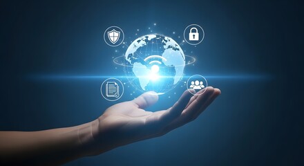 Fototapeta premium Hand holding glowing earth with technology icons.