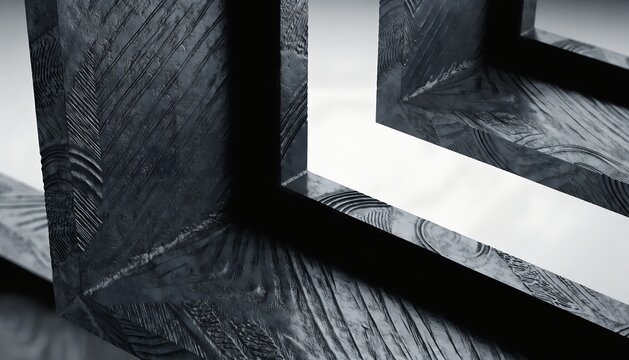 Modern architectural detail showing sharp geometric angles of a dark wood or stone structure against a bright interior.