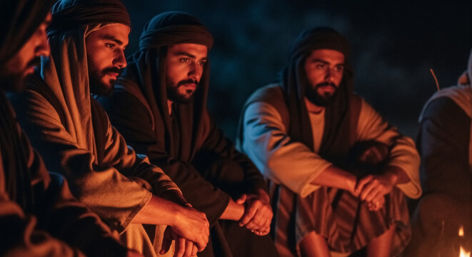 Men in biblical attire sitting around a campfire at night. Ancient historical scene of disciples or travelers in traditional robes. Religious faith and fellowship concept
