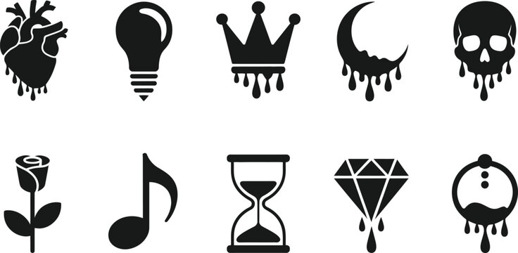 Dripping icon set. Heart, light bulb, crown, moon, skull, rose, music, diamond - stock vector