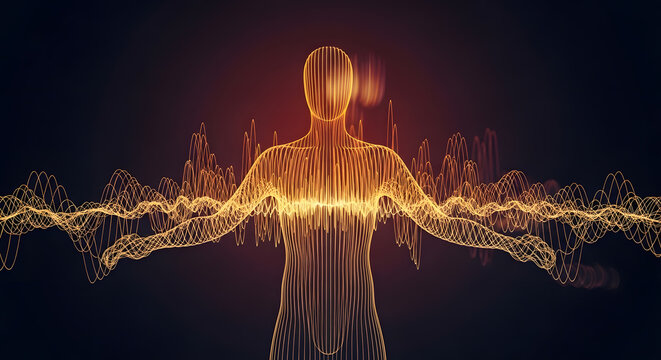 Abstract Human Silhouette with Sound Waves and Frequency Lines | Golden Bio-Resonance Energy Visualization | Digital Audio Representation of Music and Vibration | Futuristic Biofield Concept Art