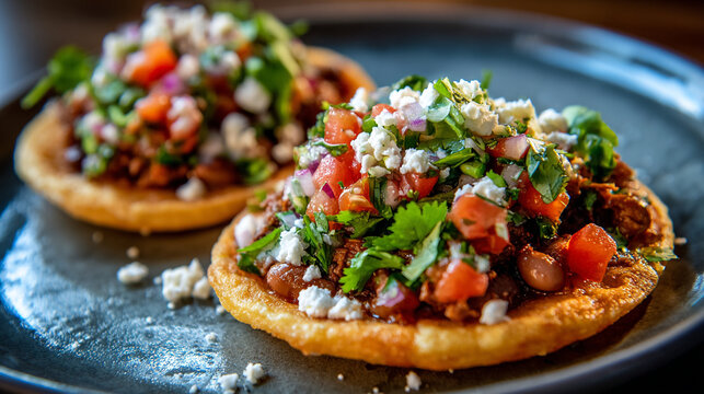 Delicious sope with savory meat topped with fresh tomatoes onions cilantro and crumbled cheese